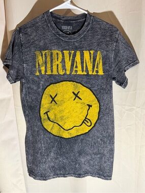 NIRVANA Black S Tee with Yellow Smiley Graphic